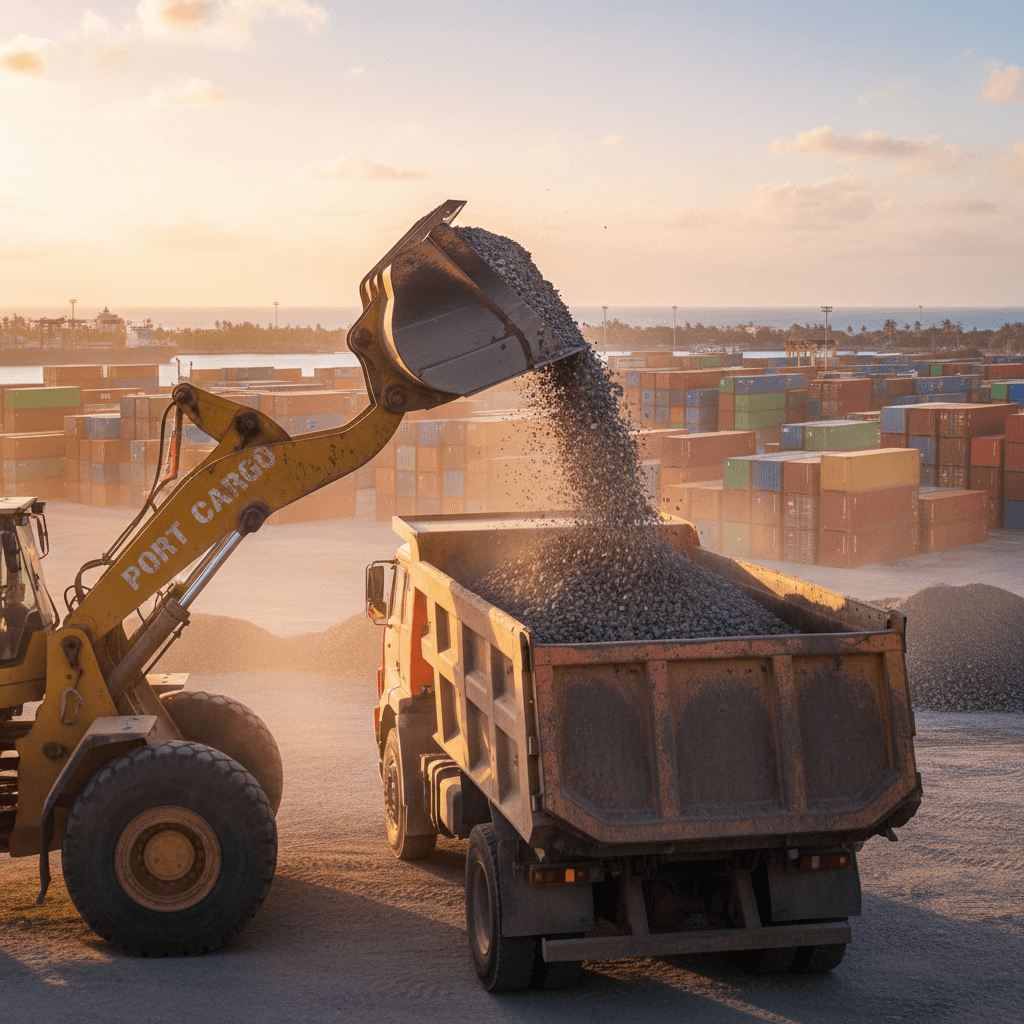 Loader filling dump truck with aggregate