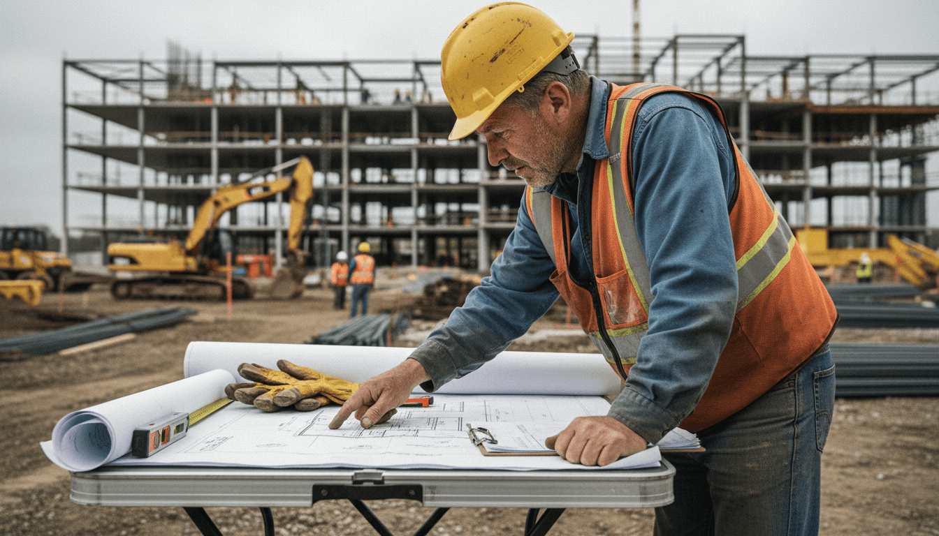 Construction manager reviewing blueprints on a Sint Maarten job site