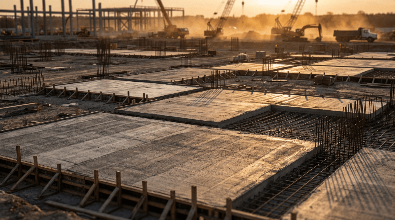 Construction site with multiple concrete foundation sections at golden hour, showing formed surfaces, rebar, and machinery silhouettes in warm light.