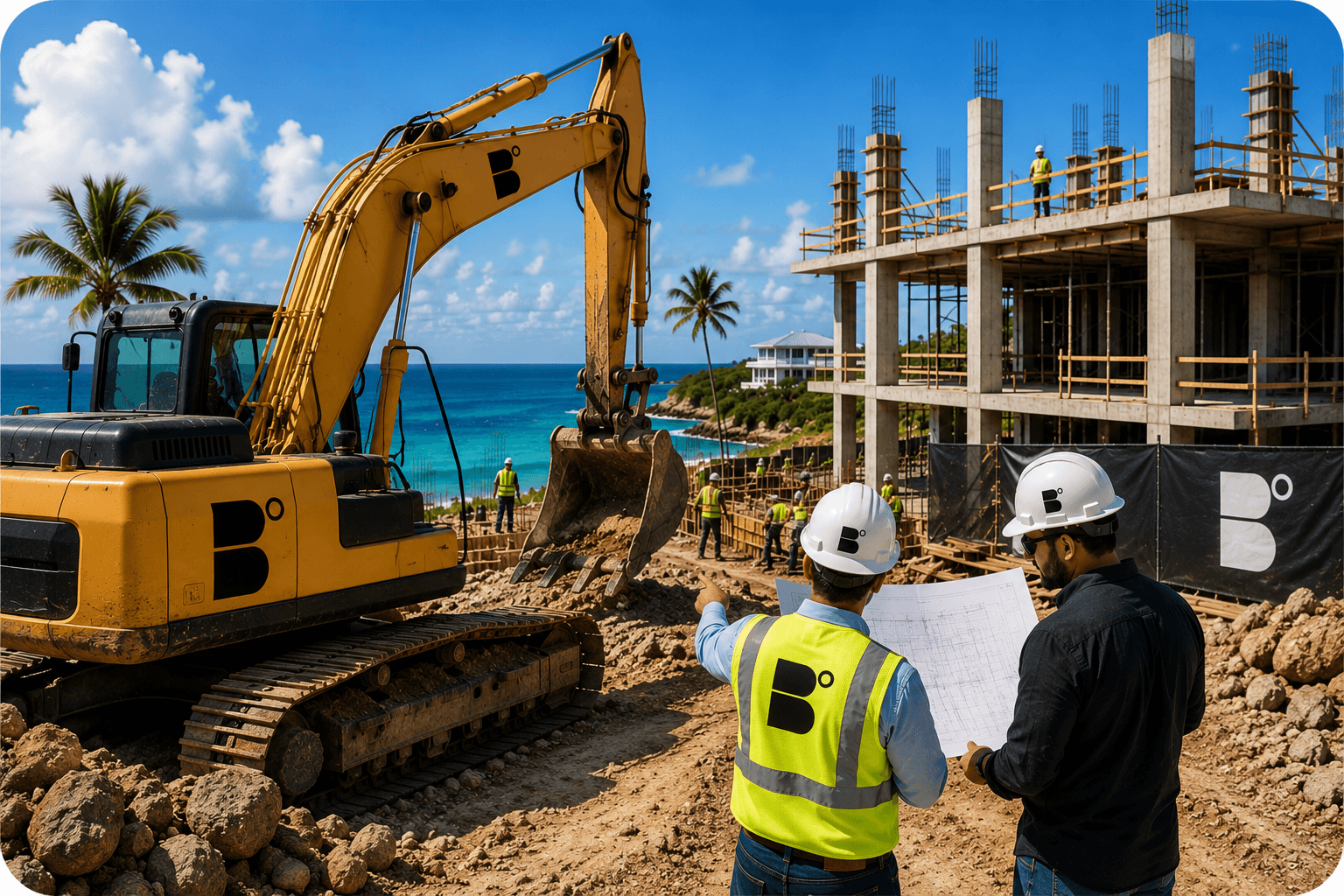 Engineers review blueprints at a tropical construction site with a yellow excavator and building.